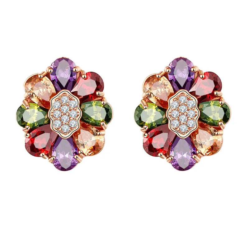 

FYM Fashion Rose Gold Color Flower Shape Cubic Zirconia Stud Earrings Jewelry Wedding Accessories For Women Jewelry Party