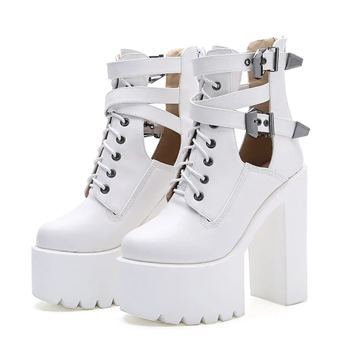 white shoes Gdgydh/пикантная женская обувь для ночного клуба с пряжкой; ботильоны на высоком каблуке с вырезами; женские полусапоги на платформе и каблуке; готическая Черная кожа - Цвет: white shoes