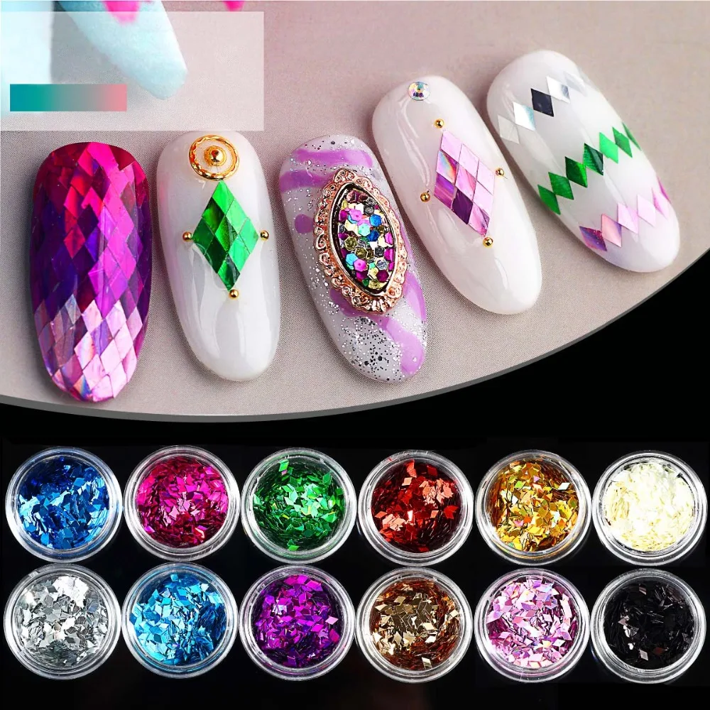 Блестящий Порошок для дизайна ногтей 12 цветов ромбовидный глиттер 3D порошок
