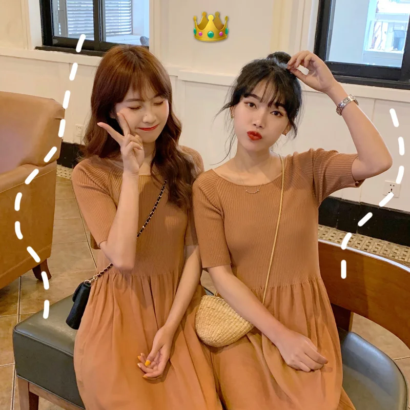 Летнее стильное корейское короткое платье трапециевидной формы с круглым