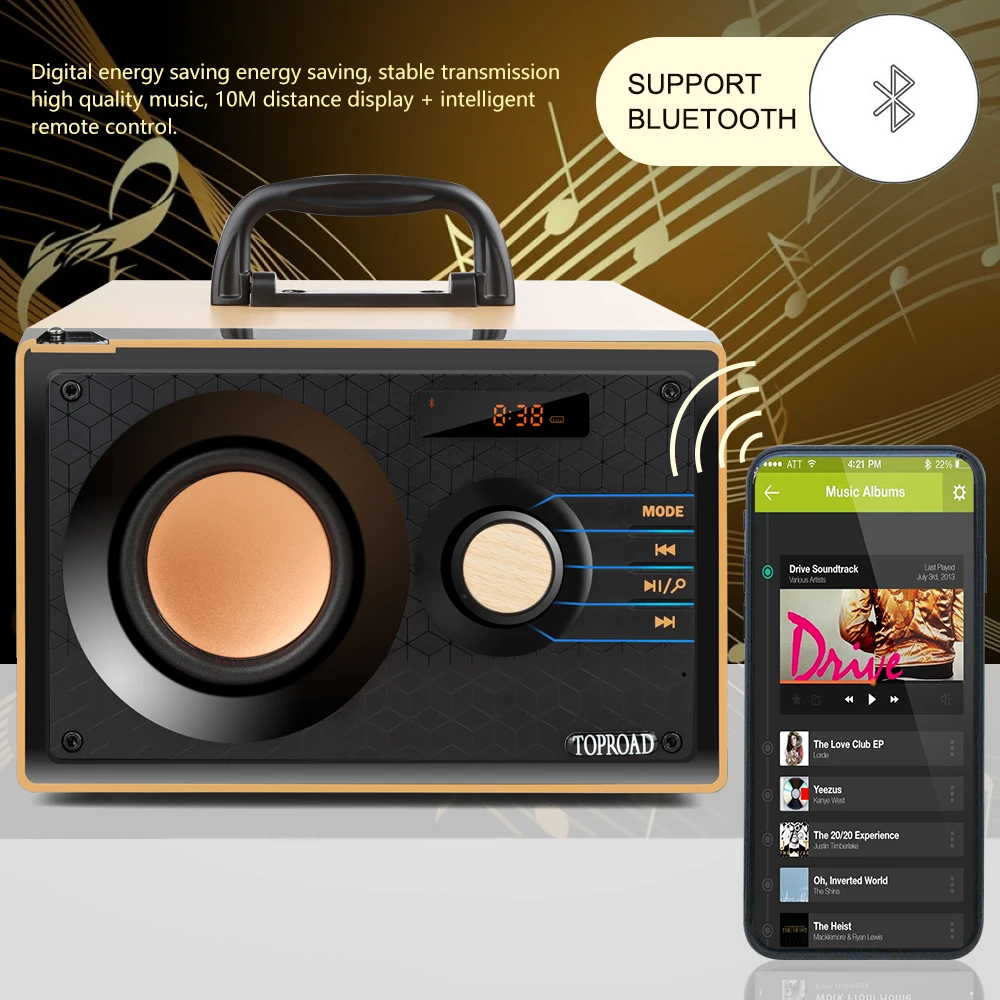 TOPROAD деревянный Bluetooth динамик беспроводной сабвуфер три громкоговорителя Suppor ЖК
