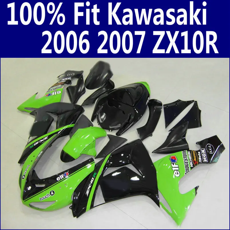 

100% подходит для Обтекатель KAWASAKI Ninja ZX 10R 2006 2007 Черный Зеленый ABS обтекатель комплект ZX10R 06 07 HJ10 + 7 подарков