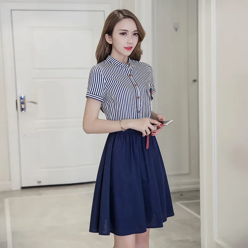 Camty отложной воротник короткий рукав и пуговицы в полоску платье лоскутное