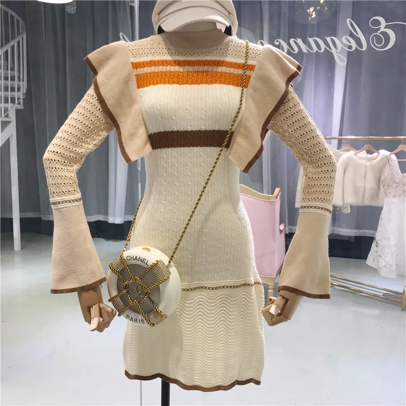 Amolapha женское модное Полосатое лоскутное платье с оборками вязаные платья
