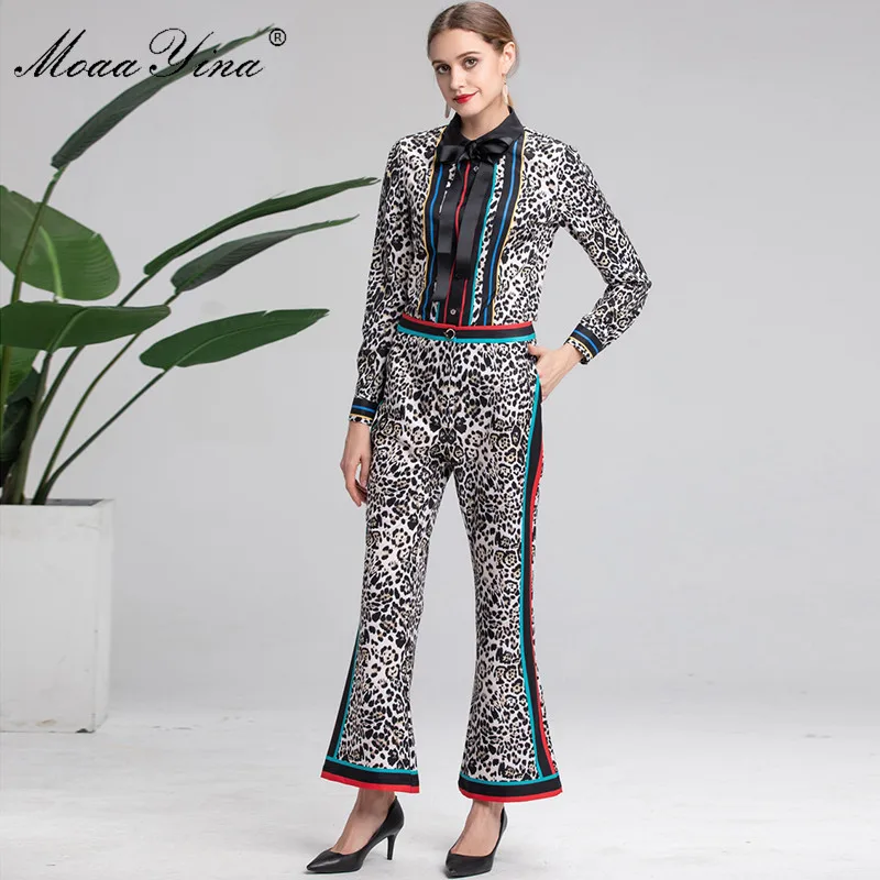 MoaaYina Fashion Designer Set Spring Autumn Women Long Sleeve Leopard Print Tops+Bell-bottomed pants Elegant Two-piece suit | Женская