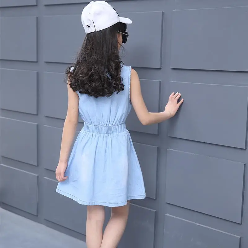 Washed Denim Girls Dress 2018 New Summer Sleeveless Kids Dresses for 5 6 7 8 9 10 11 12 13 14 Year Teens Children Clothing | Детская