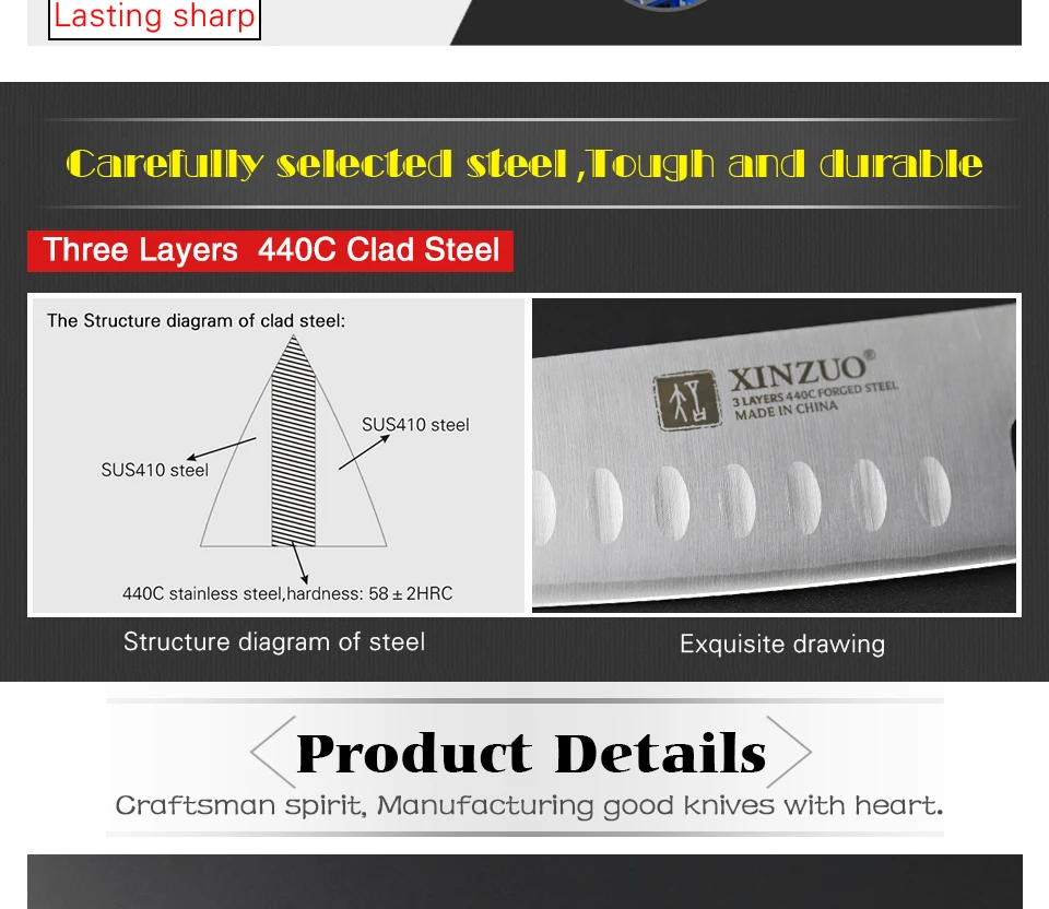 XINZUO 7 ''дюймовый нож Santoku 3 слоя 440C ядро Плакированные Стальные Кухонные ножи дело с мясом фрукты овощи с G10 Ручка