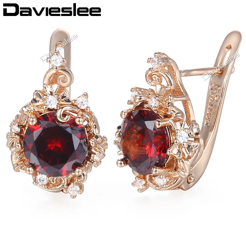 Женские серьги гвоздики Davieslee с круглыми красными фианитами заполненные розовым