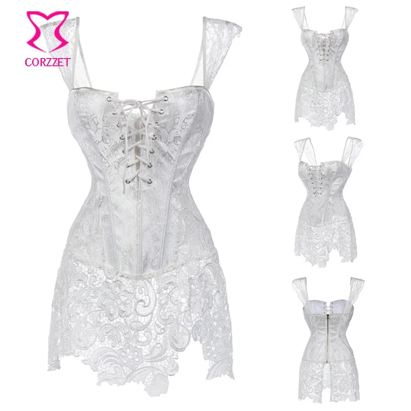White Brocade S-6XL, коричневые кожаные открытые кружевные ремни Korsett для женщин, сексуальное женское корсетное белье, готическая одежда, стимпанк Корсеты и бюстье - Цвет: White Brocade