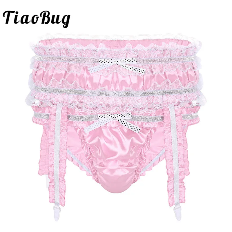

Мужские атласные трусы с подвязками TiaoBug, мягкие блестящие трусы с рюшами, с низкой посадкой, сексуальное нижнее белье для геев