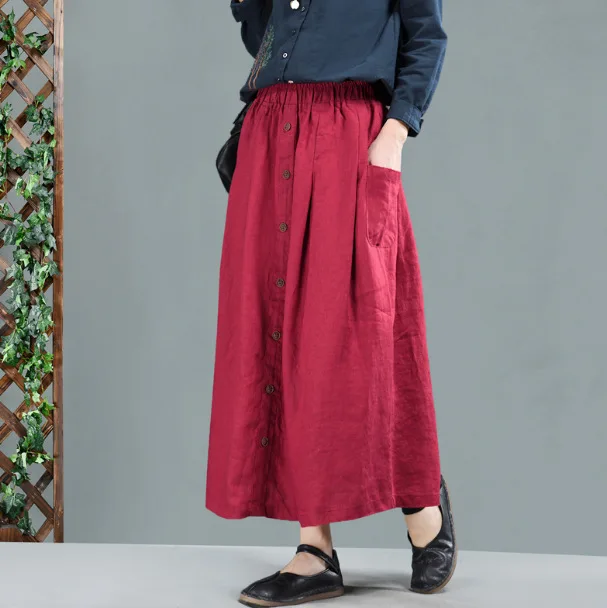 Женская Однотонная юбка 2019 весенние пуговицы хлопок лен Новая эластичная талия