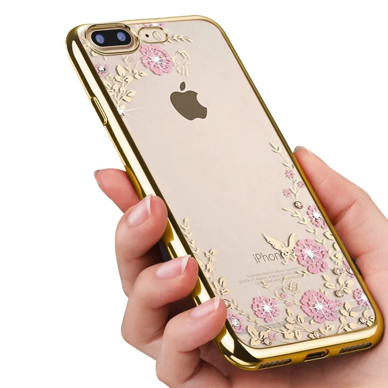 luxury phone case rhinestone flowers soft silicon clear cover for iphone 6 case 5s 6 plus se cases for iphone 7 case phone cover free global shipping