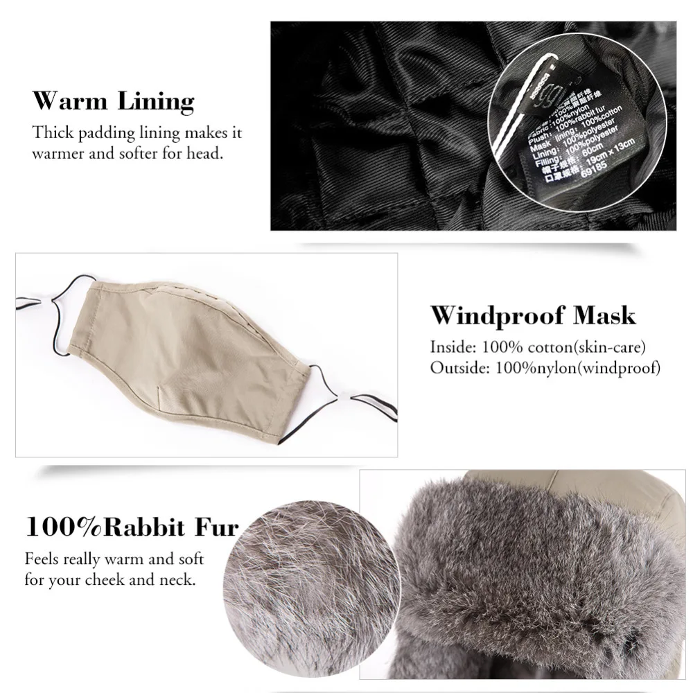 FANCET Mens Bomber Hats Trapper Ushanka Russian Ear Flaps Waterproof Windproof Cap 100% Rabbit Fur Nylon Shell Sitka 69185