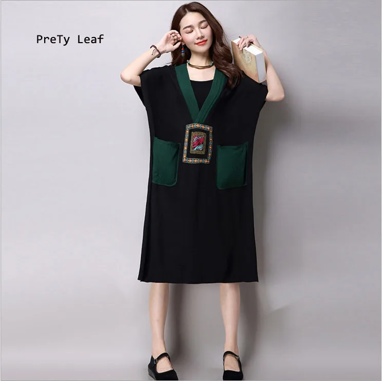 2017 summer new cotton and linen complex national wind embroidery V-neck loose bat sleeves dress | Женская одежда