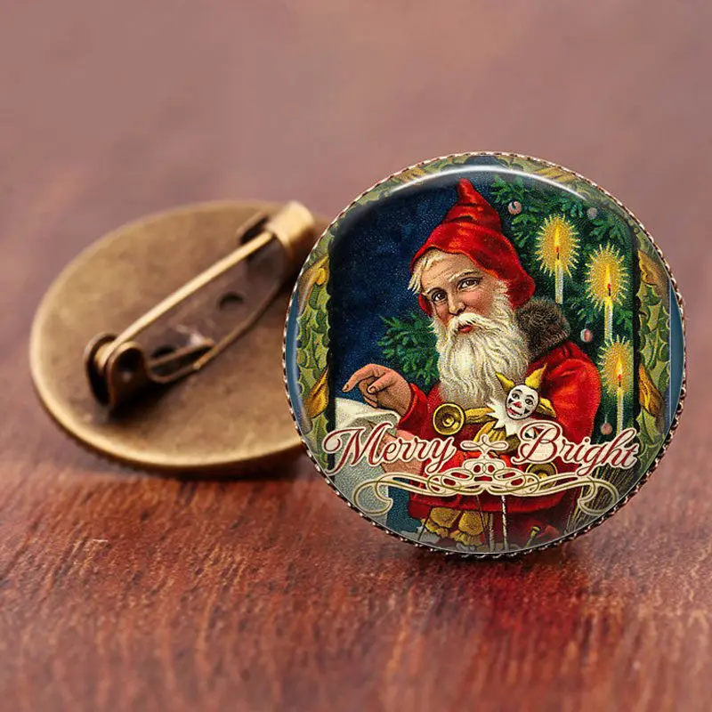 Милый олень рождественские стеклянные Броши Булавки Снеговик Санта Клаус