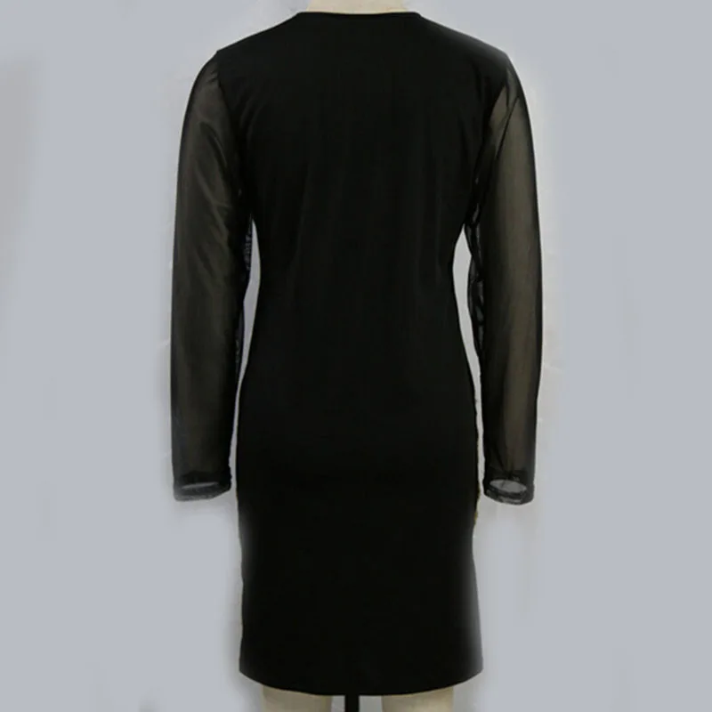 Плюс размер золото sequin dress черный с длинным рукавом сетки партии клуба bodycon