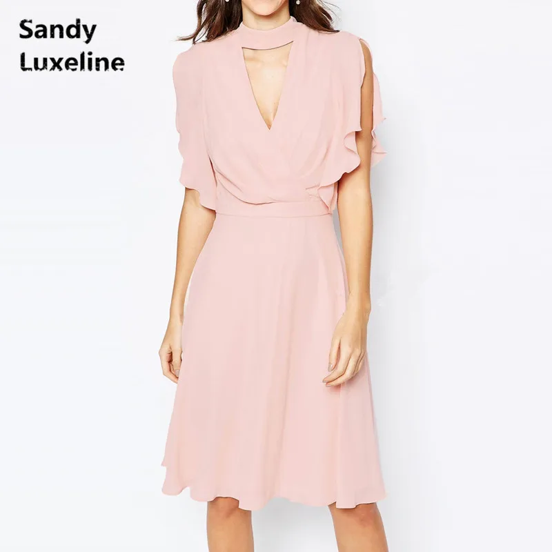 Для женщин летнее платье sexy v шеи Розовые платья Мода бабочка рукава vestido de festa