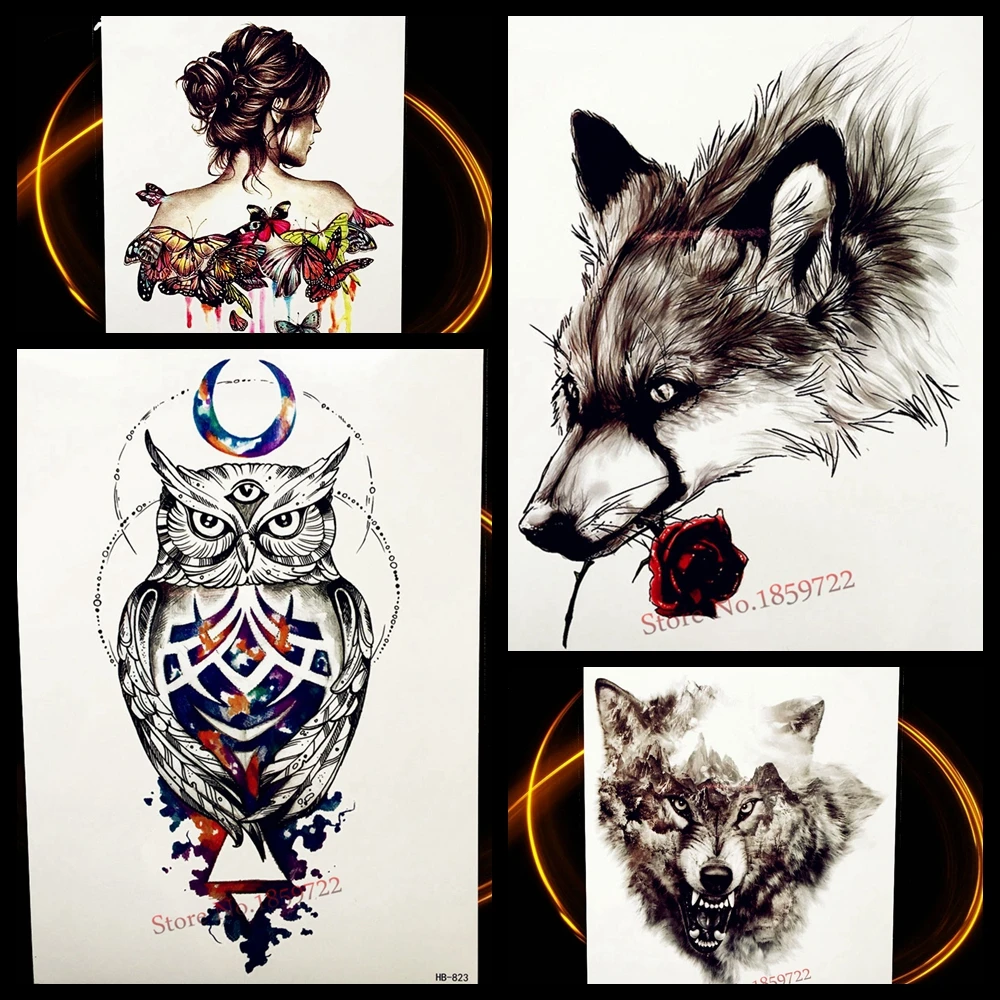 3D Sex Black Wolf King With Red Rose Temporary Tattoo Stickers For Women Body Art Arm Fake Flash Waterproof Tattoo Men Decal
