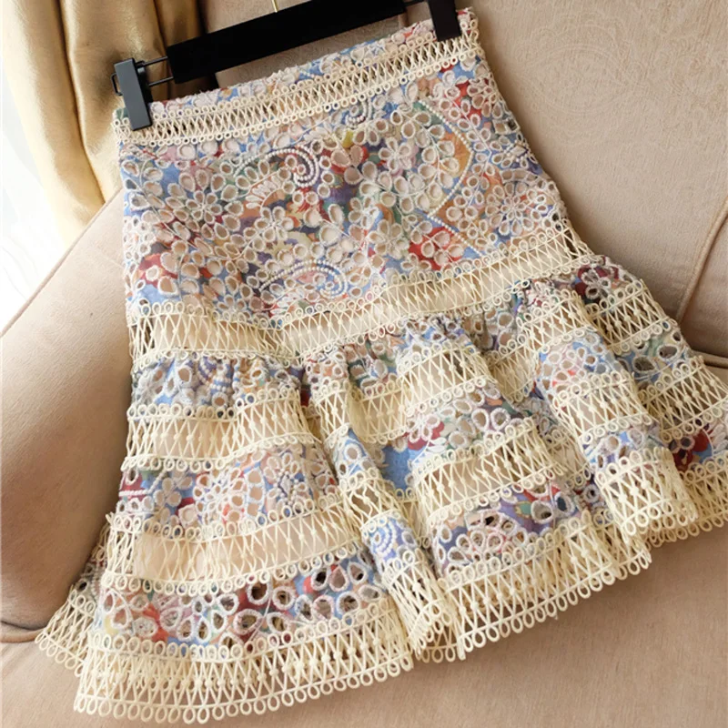 2018 fashion beach Embroidery lace skirts high waist mini hollow out floral women skirt | Женская одежда