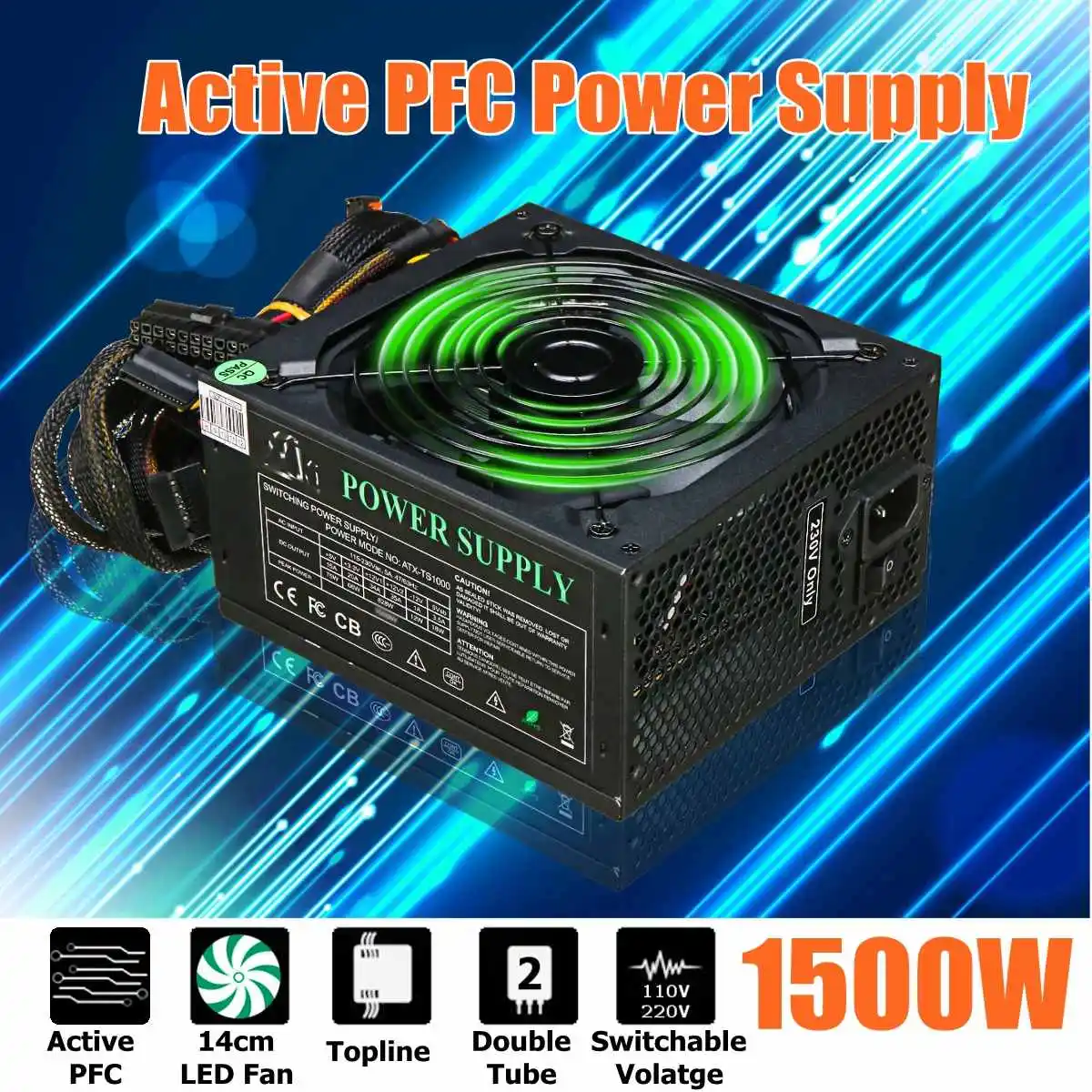 LEORY 1500W PC PSU Power Supply Active PFC 24Pin SATA LED hydraulic 140mm Fan 80 Plus computer Power Supply For BTC