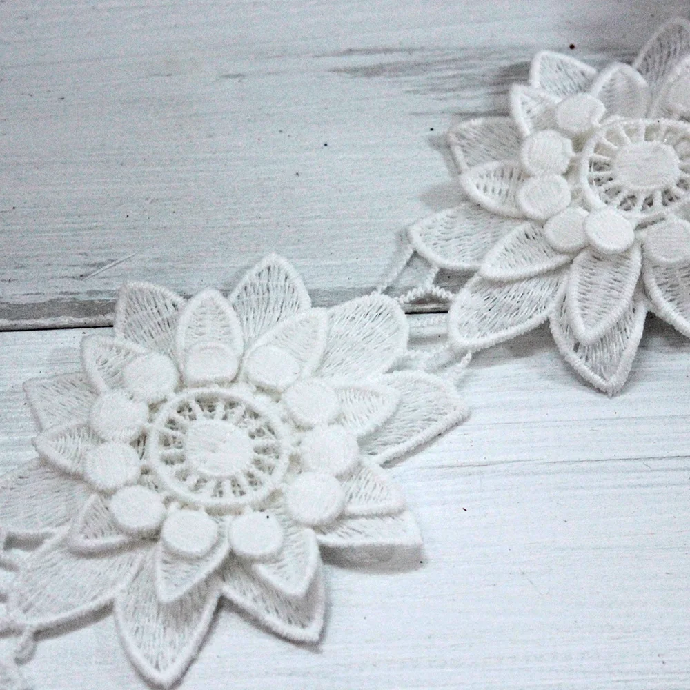 3 Layers 3D Floral Lace Trim Ribbon White Gold Embroidered Water Soluble Sew on Flowers Appliques For Clothing Dress Motifs | Дом и сад
