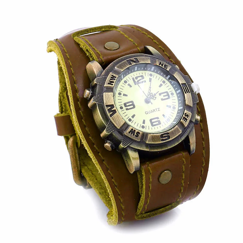 

Vintage Retro Leather Strap Watch Women Men Punk Quartz Cuff Watch Wristwatches Bracelet Bangle Casual Watches Gift