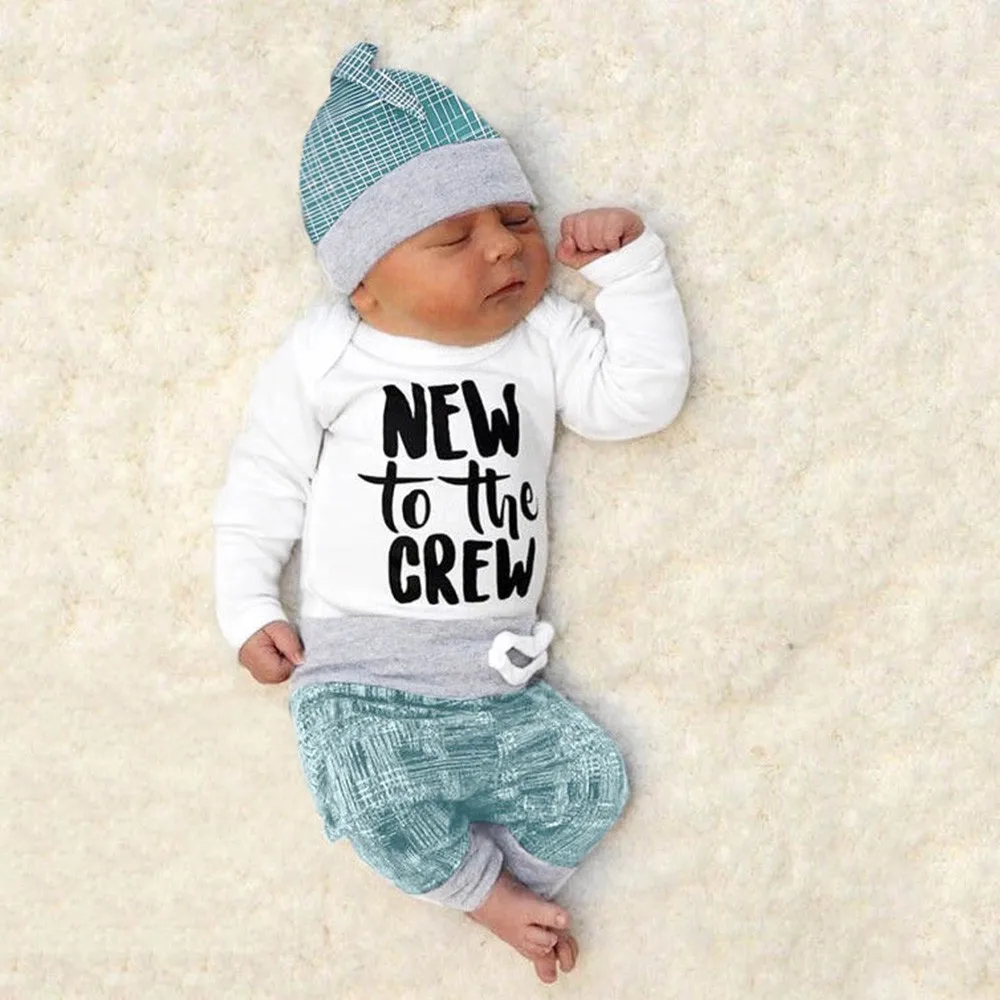 Fashion Newborn Cotton Baby Boys Girls Striped Letter Print Tops+Pants+Hat Casual Set O-Neck Clothes High Quality Drop Shippng | Детская