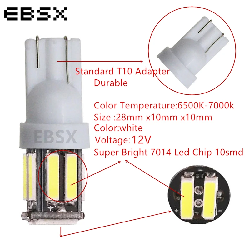 Супер яркий EBSX! 100 шт./лот T10 7014 10 SMD 7020 W5W светодиодов дверные фонари 12 В приборные