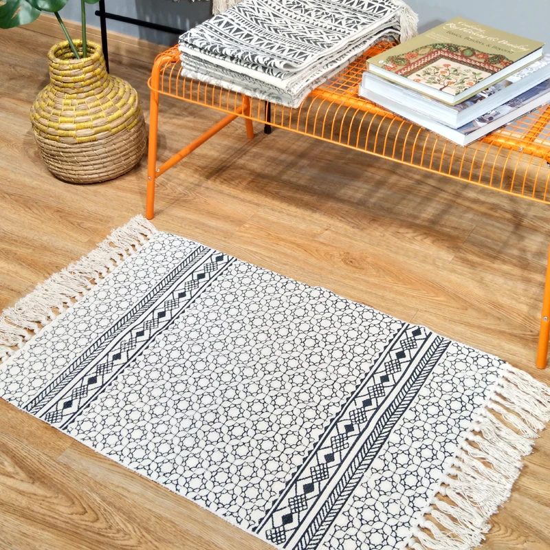 Килим черный белый 100% хлопок ковер для гостиной геометрический индийский