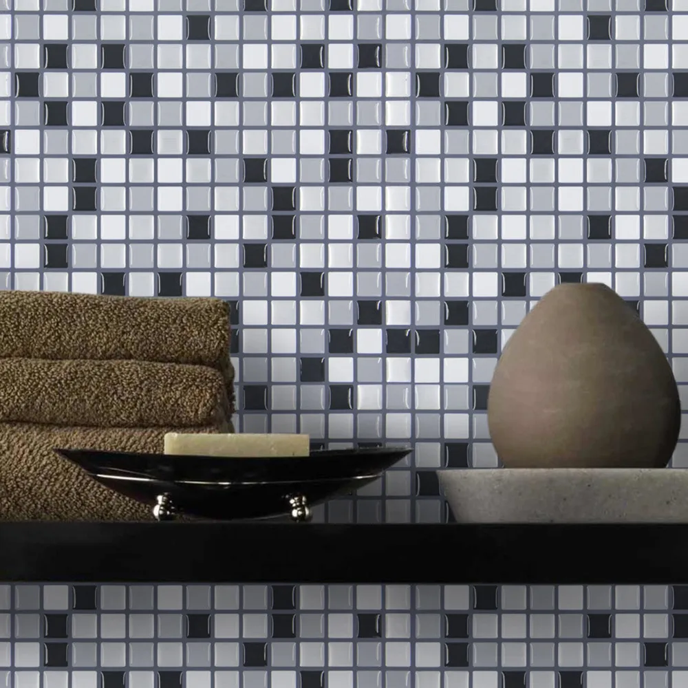 Блестящая отделка мозаика 3D настенные наклейки самоклеющиеся черно белые серые