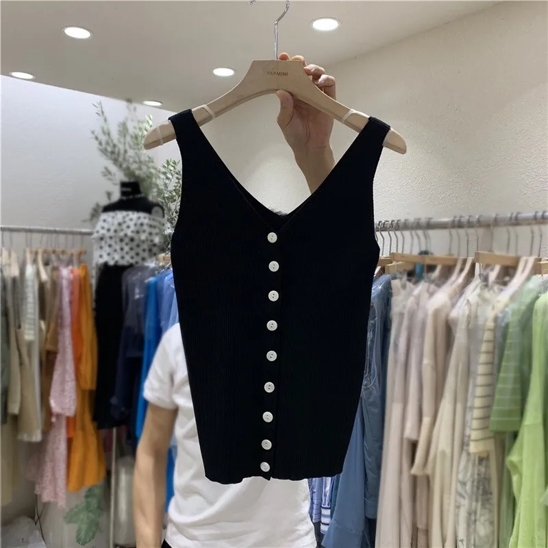 Fashion Button Knit Vest Women Top Camisole Female Solid Elastic knited Slim Sleeveless Tops Femme Summer Casual Camis New - Цвет: Черный