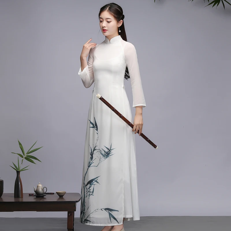 Летнее платье для девочек в винтажном стиле; в китайском стиле Фея Aodai Qipao платья двойной Слои платье для женщин танец платье Zen Чай одежда vestidos WJ588