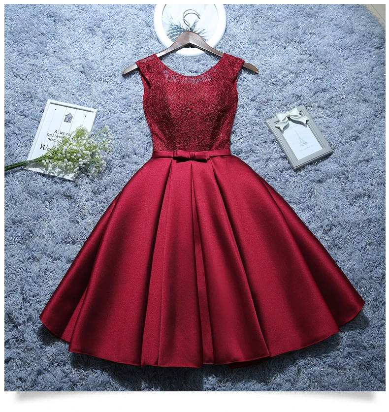 

New Short Evening Dress Satin Lace Wine Red Grey A-line Bride Party Formal Dress Homecoming Graduation Dresses Robe De Soiree