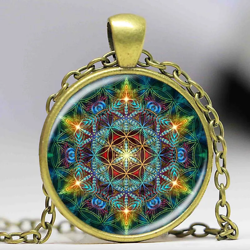 Многоцветный кулон цветок жизни Ожерелье Серебряная цепочка массивное длинное