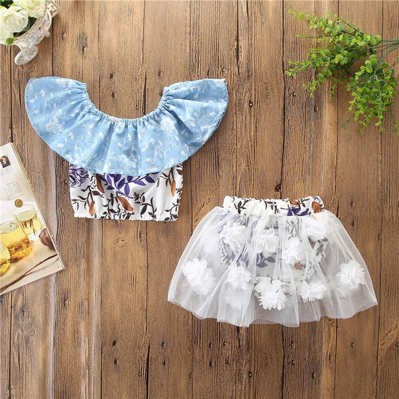 Комплект одежды с цветочным принтом для новорожденных девочек футболка оборками