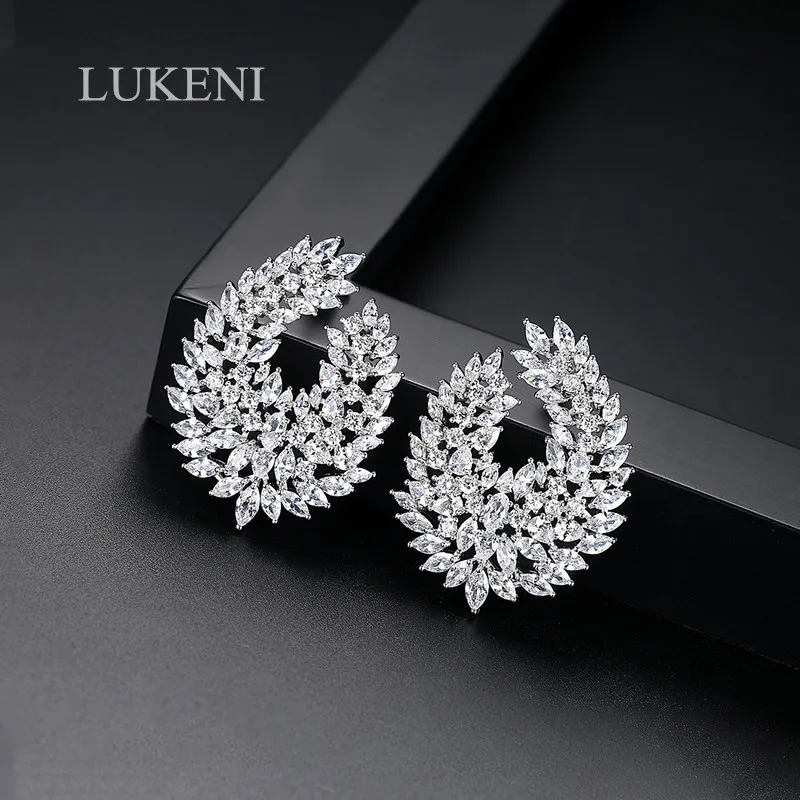 LUKENI роскошный блестящий белый цвет CZ большой роскошный лист серьги гвоздики для женщин Свадебная вечеринка модные ювелирные изделия подарок