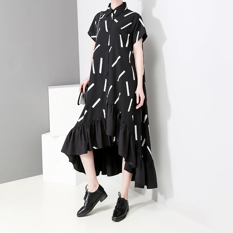 Женское платье-рубашка в полоску повседневное длинное черное платье с оборками