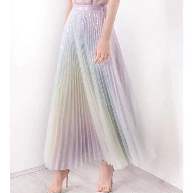 SE Women TUTU High Waist Skirt Mesh Midi Pleated Gauze Sequin Elegant Skirt Female Casual Fashion Gradient Rainbow Skirt