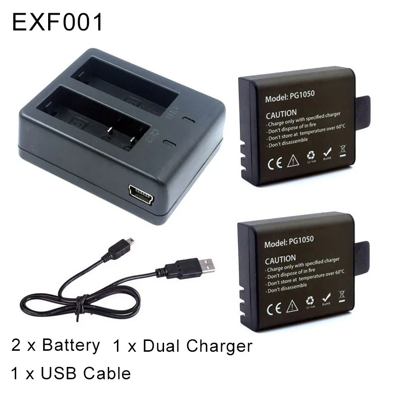 EXF001 1 шт двойное зарядное устройство+ 2 шт 1050mAh запасная литий-ионная аккумуляторная батарея для eken H9 H9R H8PRO H8R SJ4000 аксессуары для экшн-камеры - Цвет: EXF001