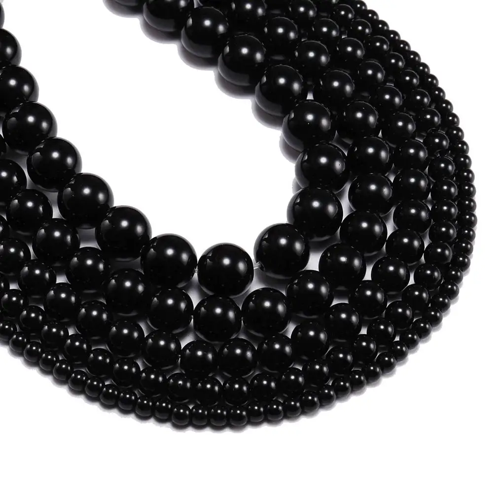 

1Strand/Lot 4-12mm Natural Stone Black Smooth Glass Beads Round Loose Spacer Beads Bracelets for DIY Jewelry Making Findings