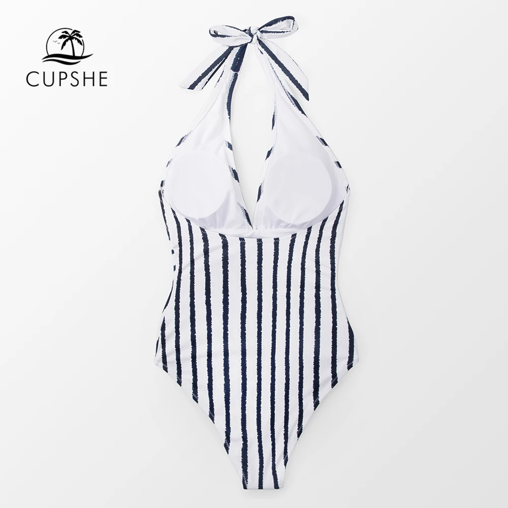 Купальник CUPSHE Женский морской и белый в полоску с бантом лямкой на шее купальник