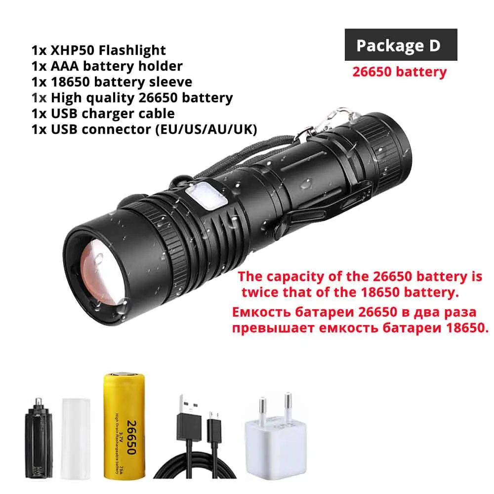 Package D(26650) Мощный светодиодный фонарь XHP50 с поддержкой зума, 5 режимов освещения, фонарь с аккумулятором 18650 или 26650 для активного отдыха - Испускаемый цвет: Package D(26650)