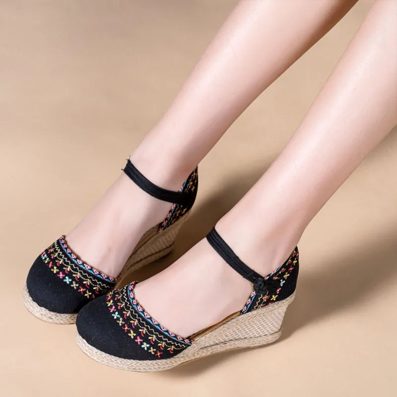 Model 1 Black Veowalk/женские богемные Для женщин из плотной ткани на танкетке сандалии-Эспадрильи ручной работы льняной Ремешок на щиколотке 7 см; ботинки на платформе и высоком каблуке; удобные летние туфли - Цвет: Model 1 Black