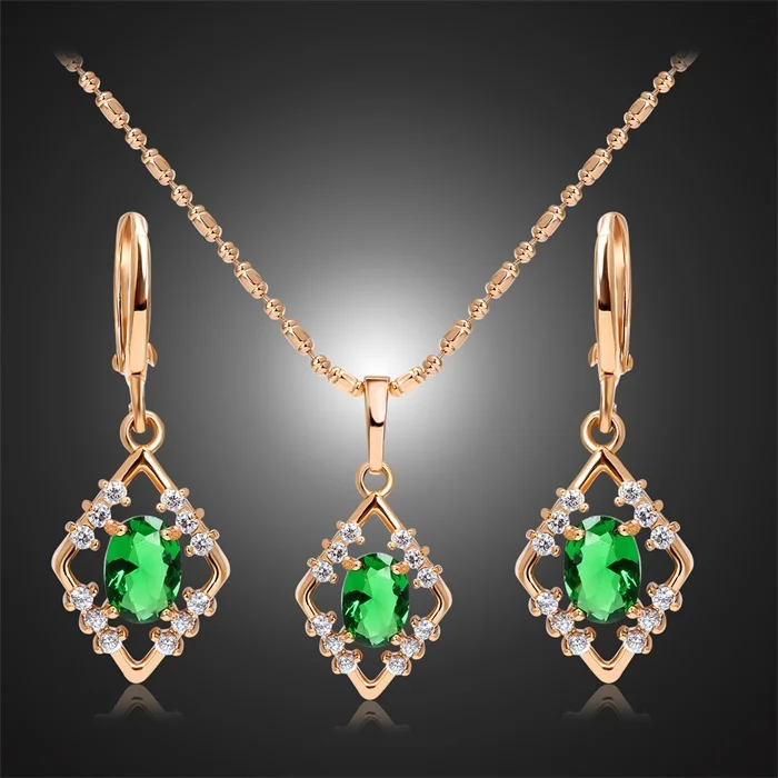 Женский ювелирный комплект с ромбовидным камнем кулон овальным зеленым фианитом