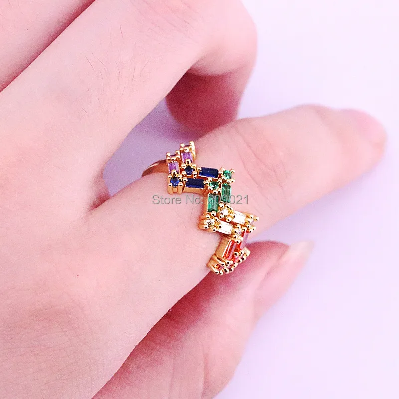 

10Pcs New shiny cz jewelry Gold filled paved multicolor rainbow cz stack wave finger rings for party wedding gift