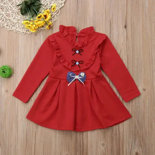 2018 Autumn Flower Girl Princess Bowknot Dress Kids Baby Party Wedding Long Sleeve Ruffle Collar Red Tutu Dresses Clothes | Детская