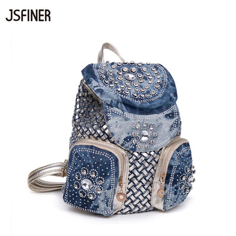 JSFINER Для женщин джинсовая сумка Алмаз вставки на молнии износостойкости рюкзак