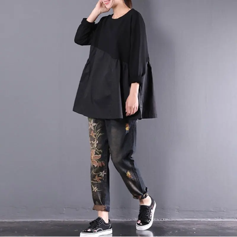 Large size women's T-shirt stitching plus 5XL 6XL 7XL 8XL summer round neck long sleeve loose black gray top | Женская одежда