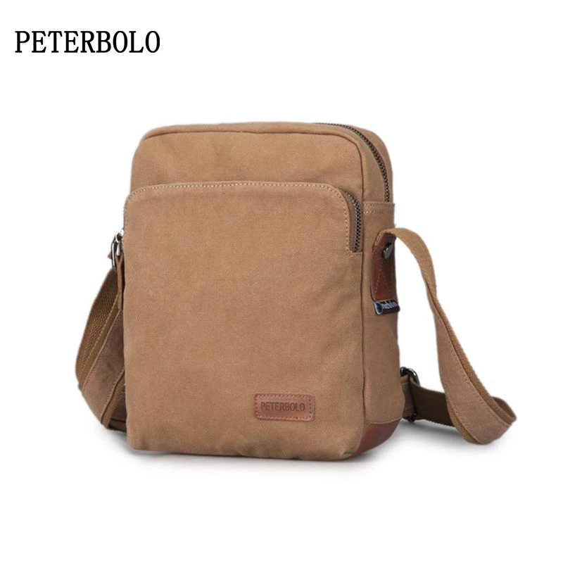 Мужская холщовая сумка мессенджер PETERBOLO винтажная на плечо с клапаном молнии