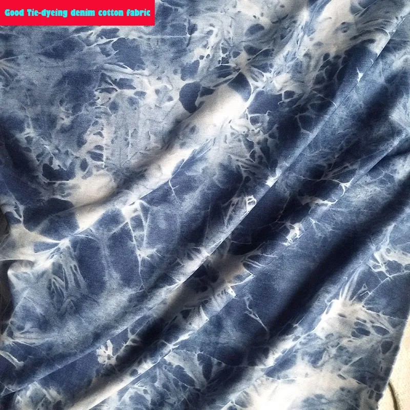 Fashion Tie-dyed Denim Cotton Fabric Middle Blue Stretch Fabric Pattern Part Dyed Sewing Material DIY Clothing Jeans